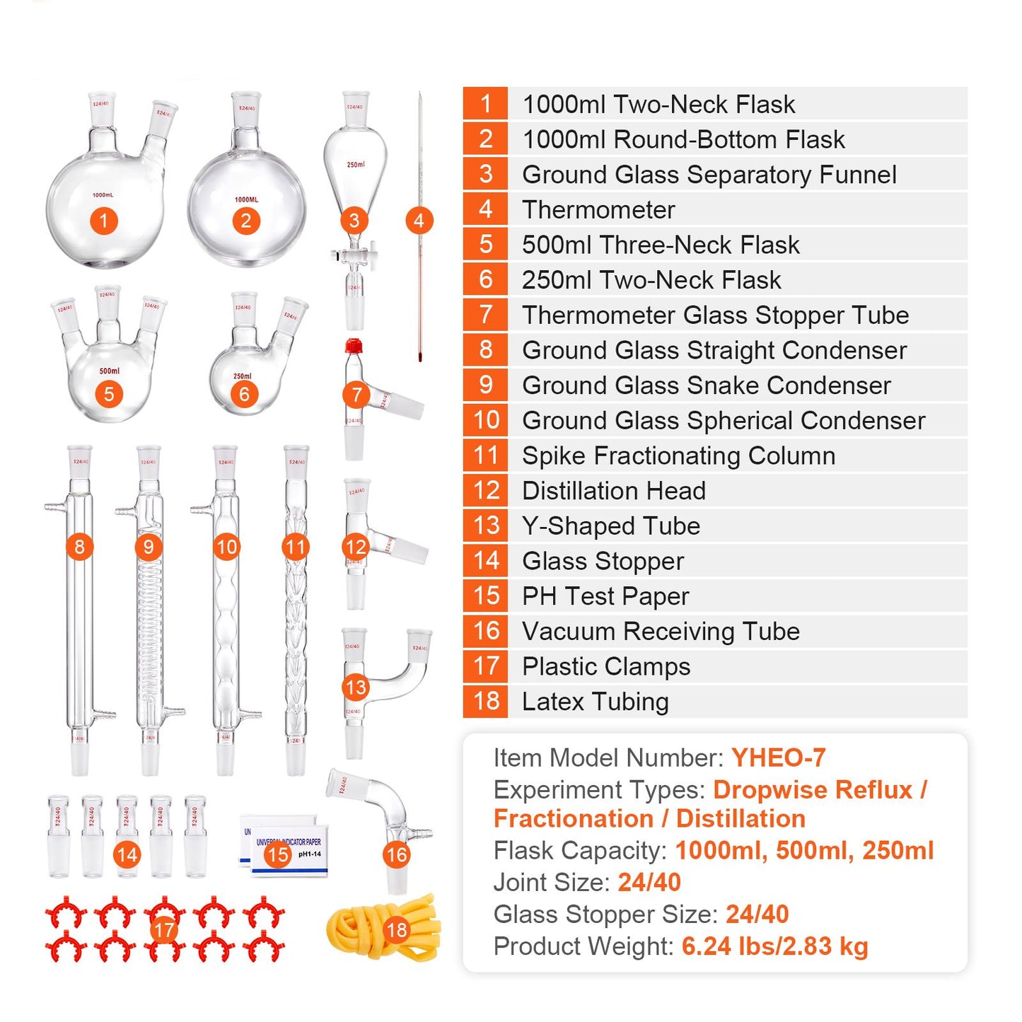 Lab Distillation Kit, 3.3 Boro Lab Glassware Distillation Kit with 24, 40 Joint, 1000ml Essential Oil Distillation Apparatus Kit, 32 pcs Set of Glassware Equipment