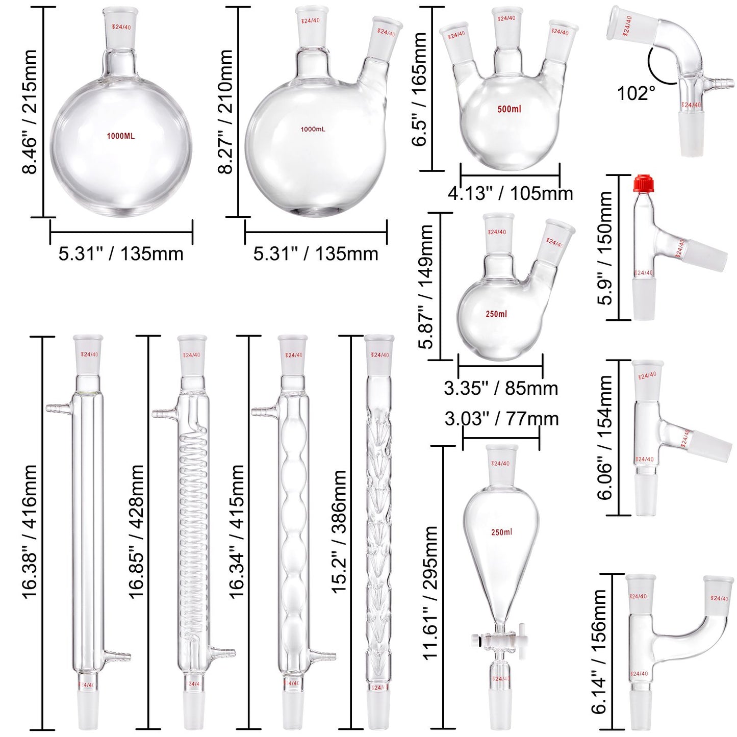 Lab Distillation Kit, 3.3 Boro Lab Glassware Distillation Kit with 24, 40 Joint, 1000ml Essential Oil Distillation Apparatus Kit, 32 pcs Set of Glassware Equipment