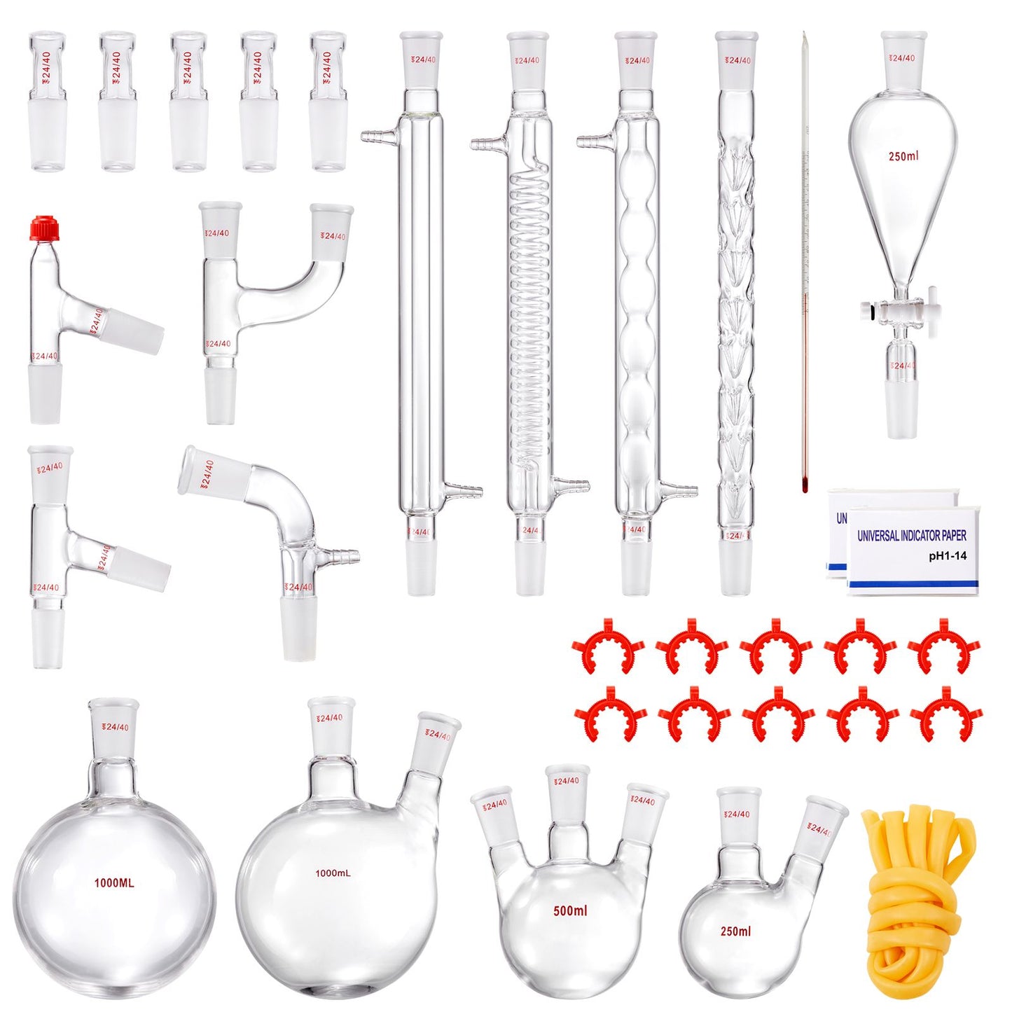 Lab Distillation Kit, 3.3 Boro Lab Glassware Distillation Kit with 24, 40 Joint, 1000ml Essential Oil Distillation Apparatus Kit, 32 pcs Set of Glassware Equipment