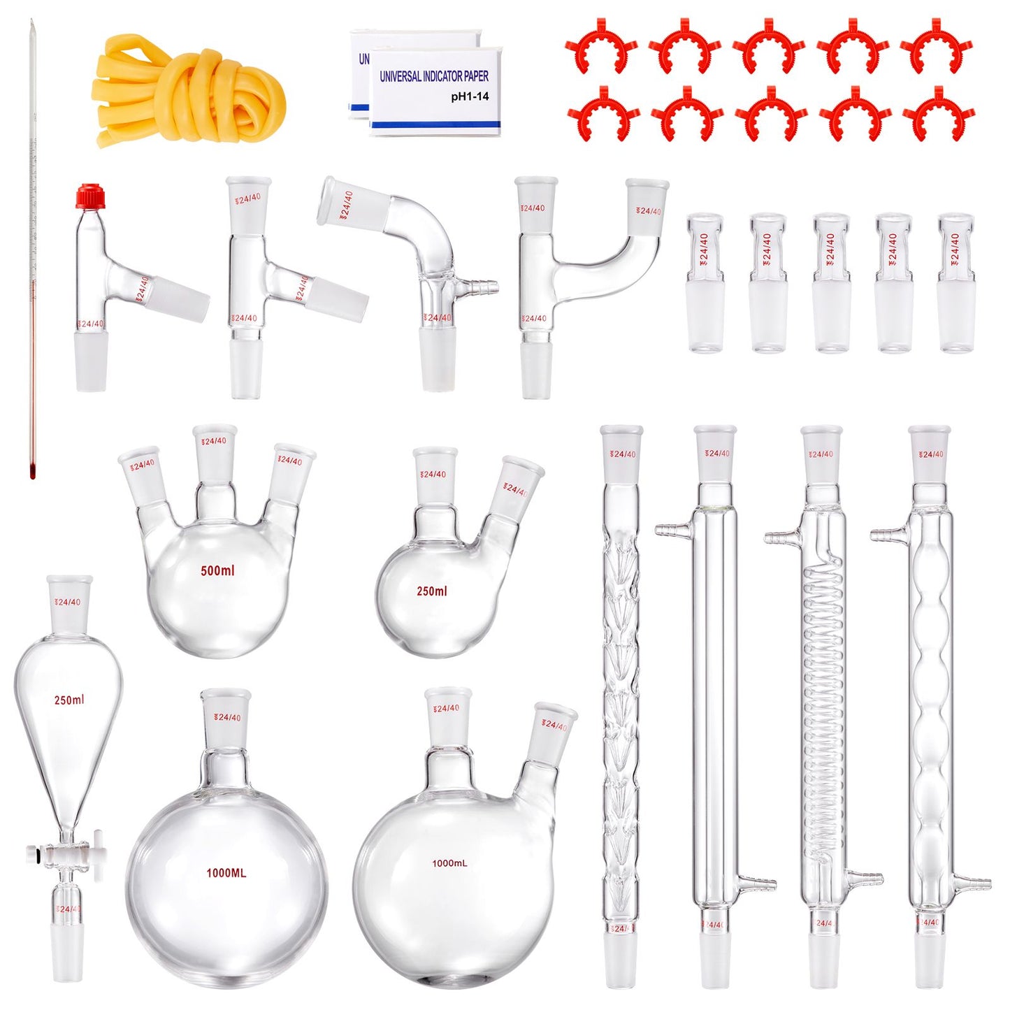 Lab Distillation Kit, 3.3 Boro Lab Glassware Distillation Kit with 24, 40 Joint, 1000ml Essential Oil Distillation Apparatus Kit, 32 pcs Set of Glassware Equipment