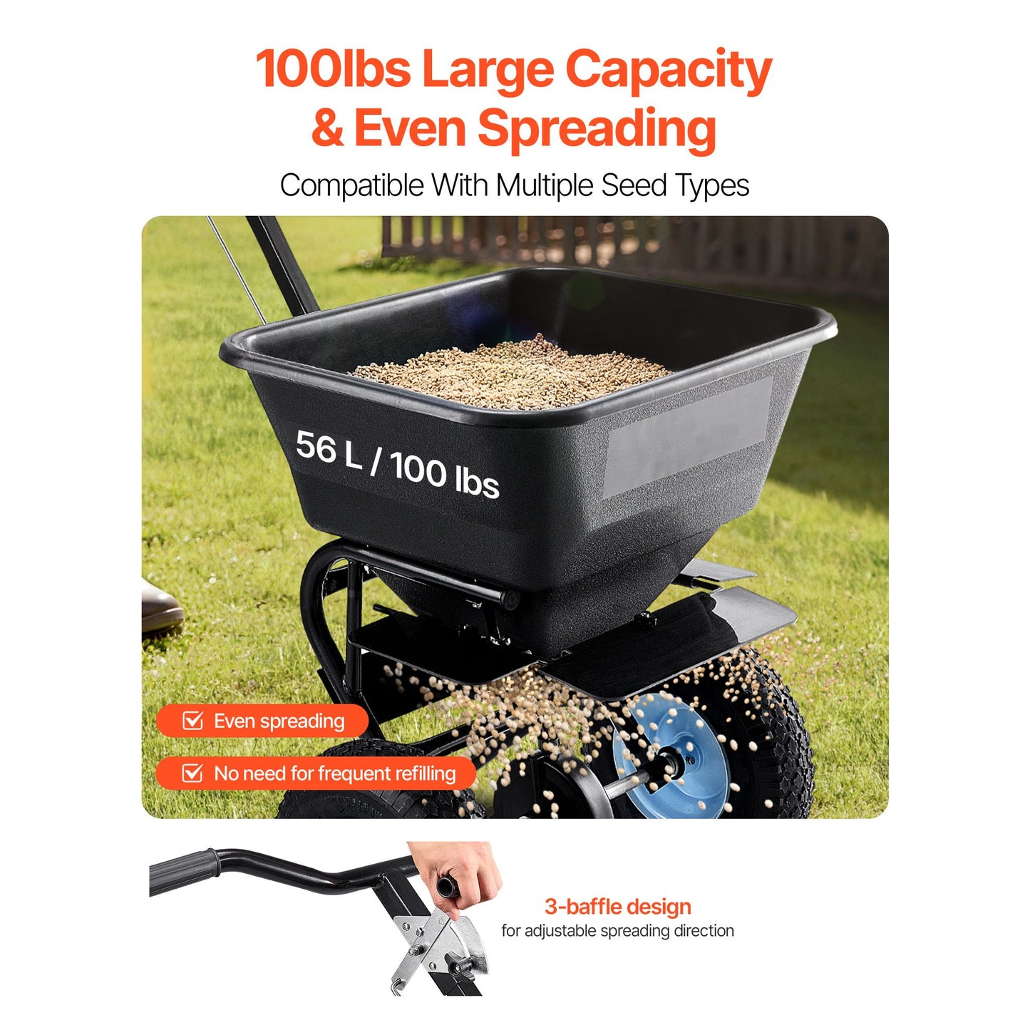 Lawn Spreader, 100LBS Capacity, Walk-Behind Push Spreader, 0-9.8ft Spreading Width, 13 in All Terrain Pneumatic Tires, Fertilizer Spreaders with Hopper Grate, for Seed Salt Ice Melt