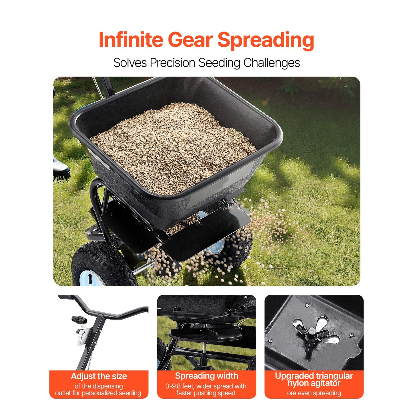 Lawn Spreader, 100LBS Capacity, Walk-Behind Push Spreader, 0-9.8ft Spreading Width, 13 in All Terrain Pneumatic Tires, Fertilizer Spreaders with Hopper Grate, for Seed Salt Ice Melt