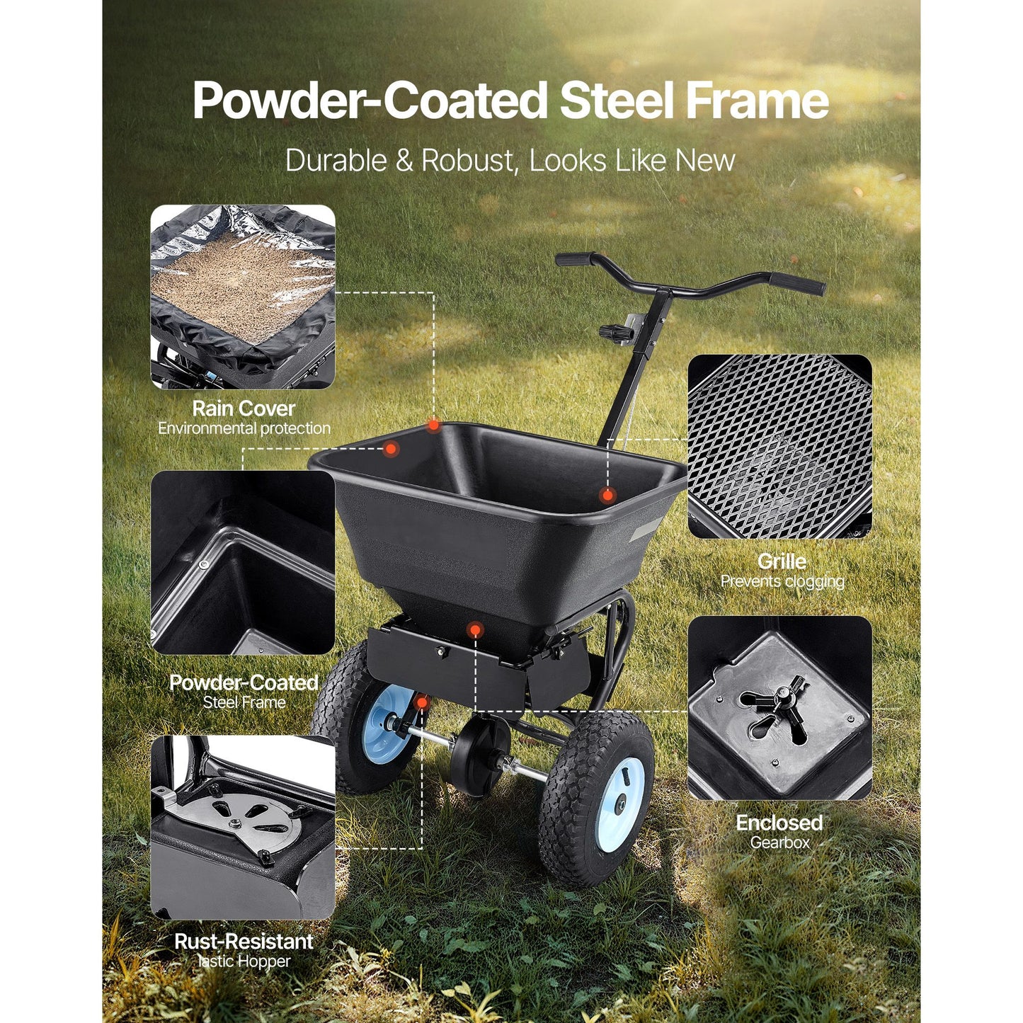 Lawn Spreader, 100LBS Capacity, Walk-Behind Push Spreader, 0-9.8ft Spreading Width, 13 in All Terrain Pneumatic Tires, Fertilizer Spreaders with Hopper Grate, for Seed Salt Ice Melt