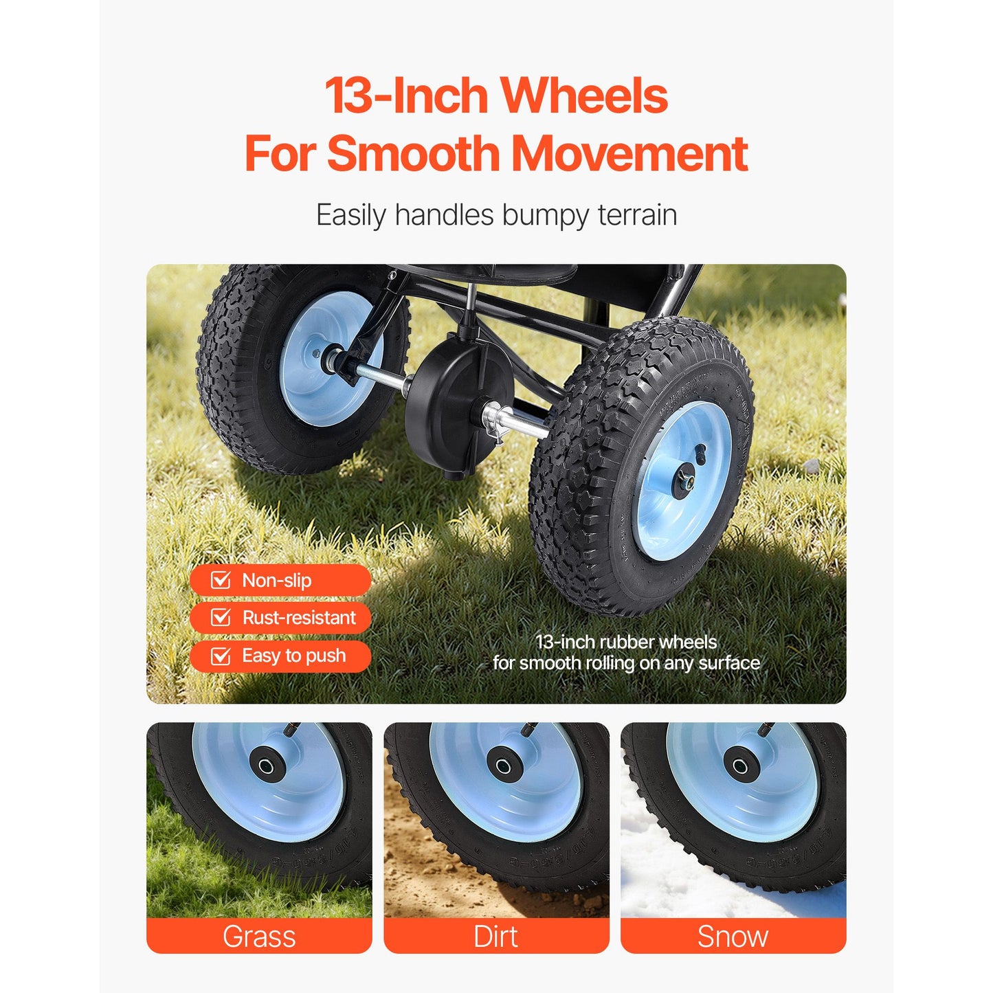 Lawn Spreader, 100LBS Capacity, Walk-Behind Push Spreader, 0-9.8ft Spreading Width, 13 in All Terrain Pneumatic Tires, Fertilizer Spreaders with Hopper Grate, for Seed Salt Ice Melt