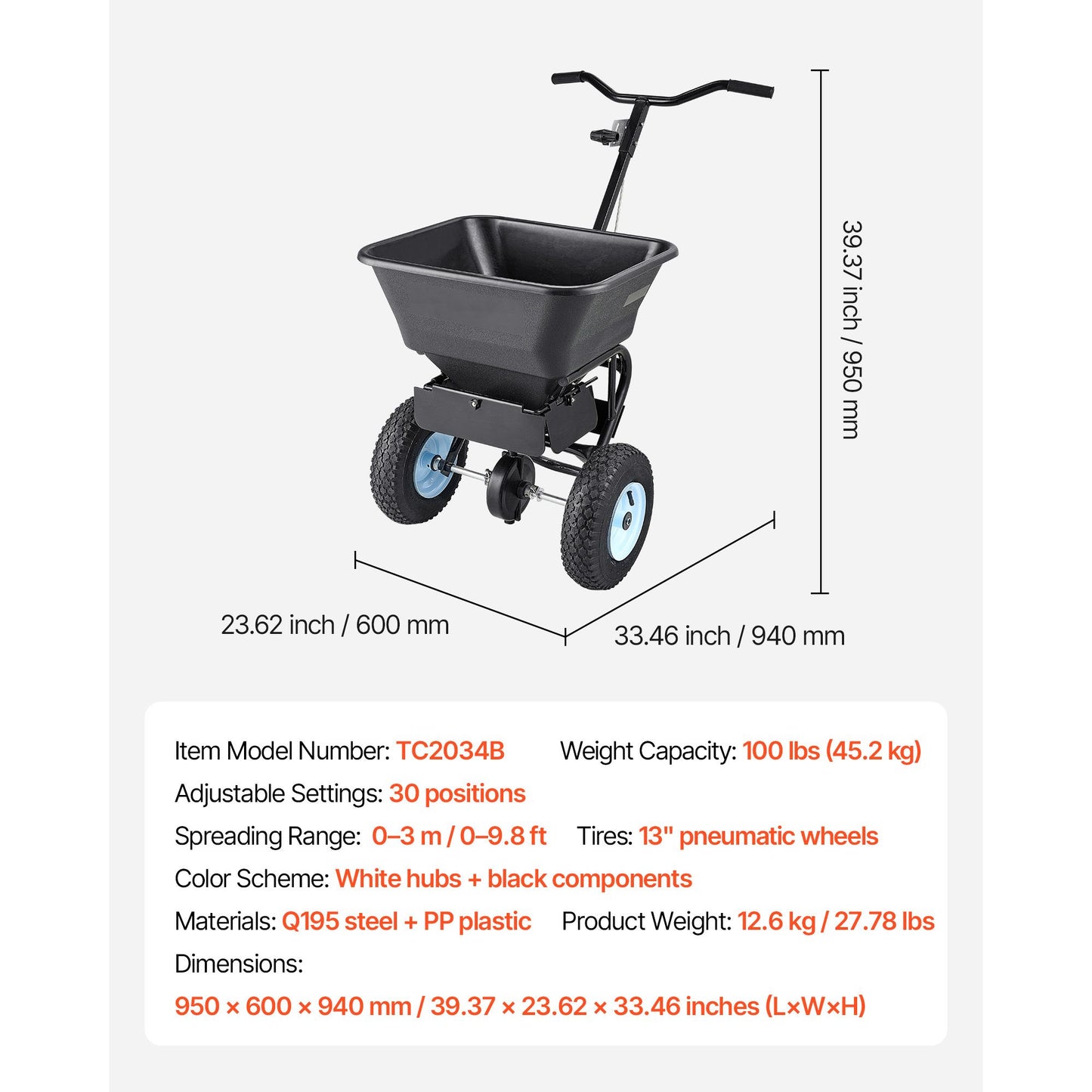 Lawn Spreader, 100LBS Capacity, Walk-Behind Push Spreader, 0-9.8ft Spreading Width, 13 in All Terrain Pneumatic Tires, Fertilizer Spreaders with Hopper Grate, for Seed Salt Ice Melt