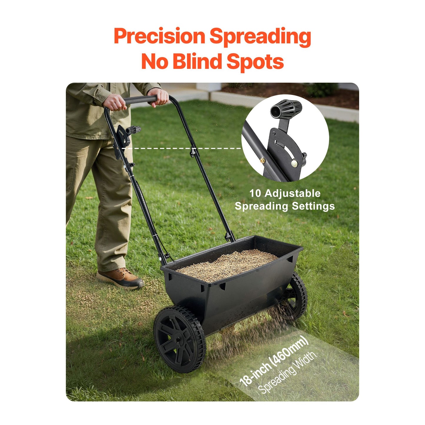 Walk-Behind Push Spreader, 22.6 kg Capacity, Drop Spreader with Hopper Grate, 18 in Spreading Width & 30 Settings, 10 in All Terrain Tires, Garden & Lawn Spreaders for Seed, Fertilizer