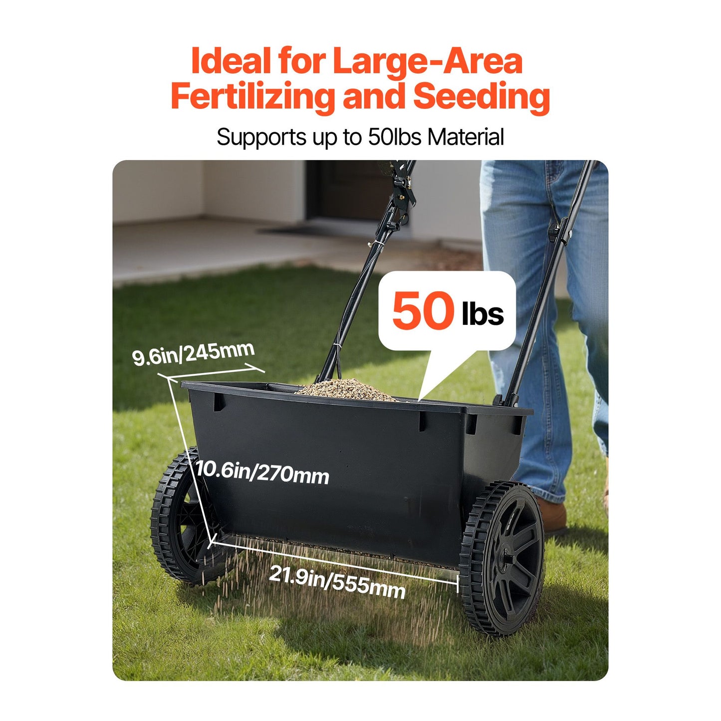 Walk-Behind Push Spreader, 22.6 kg Capacity, Drop Spreader with Hopper Grate, 18 in Spreading Width & 30 Settings, 10 in All Terrain Tires, Garden & Lawn Spreaders for Seed, Fertilizer