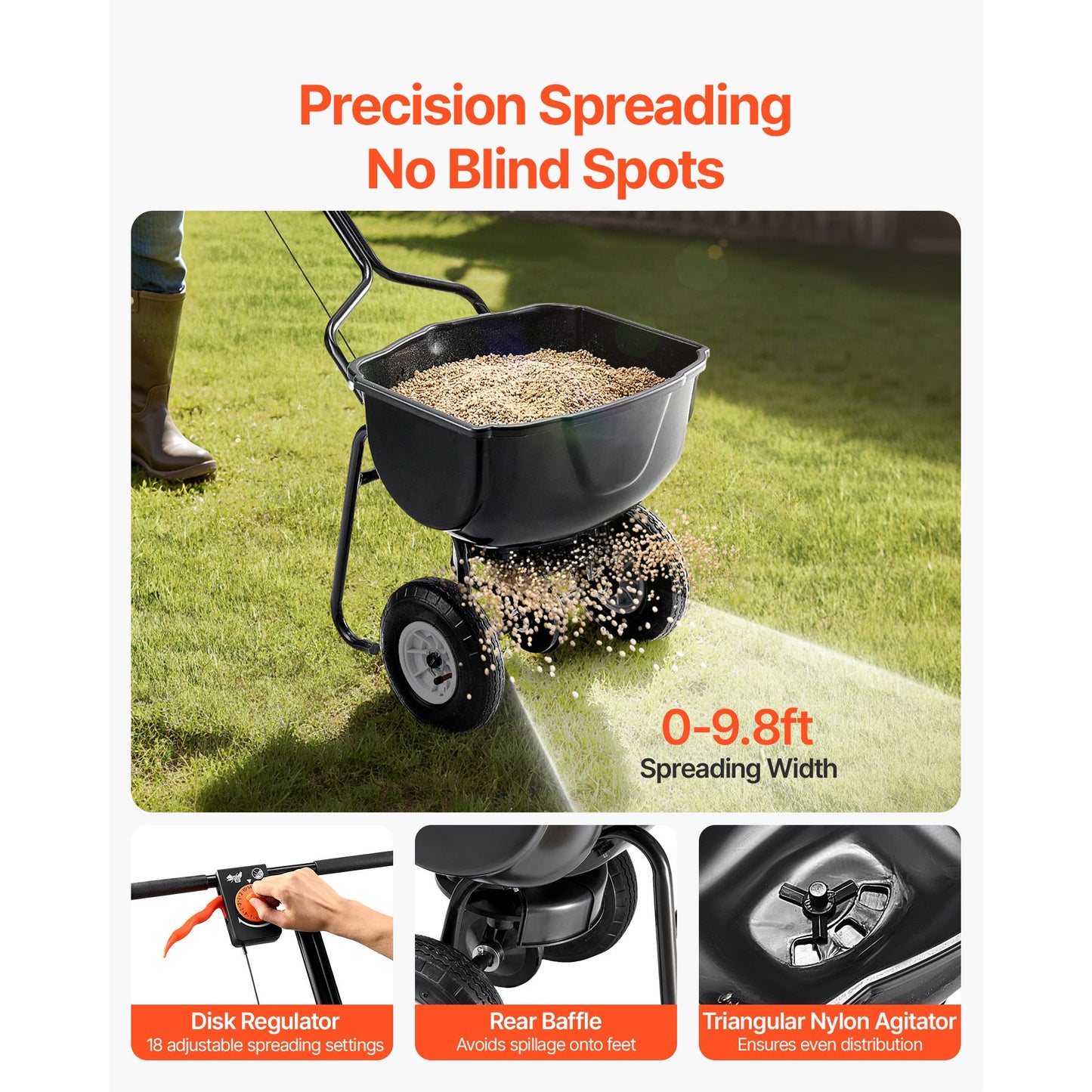 Walk Behind Spreader, 60LBS Capacity, Push Spreader with Hopper Grate, 0-9.8 ft Spreading Width, 8 in All Terrain Pneumatic Tires, Garden & Lawn Broadcast Spreaders, for Seed, Fertilizer
