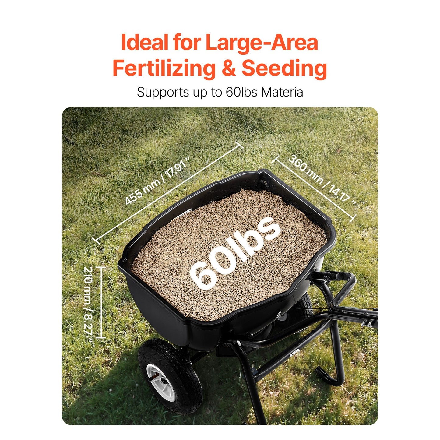 Walk Behind Spreader, 60LBS Capacity, Push Spreader with Hopper Grate, 0-9.8 ft Spreading Width, 8 in All Terrain Pneumatic Tires, Garden & Lawn Broadcast Spreaders, for Seed, Fertilizer