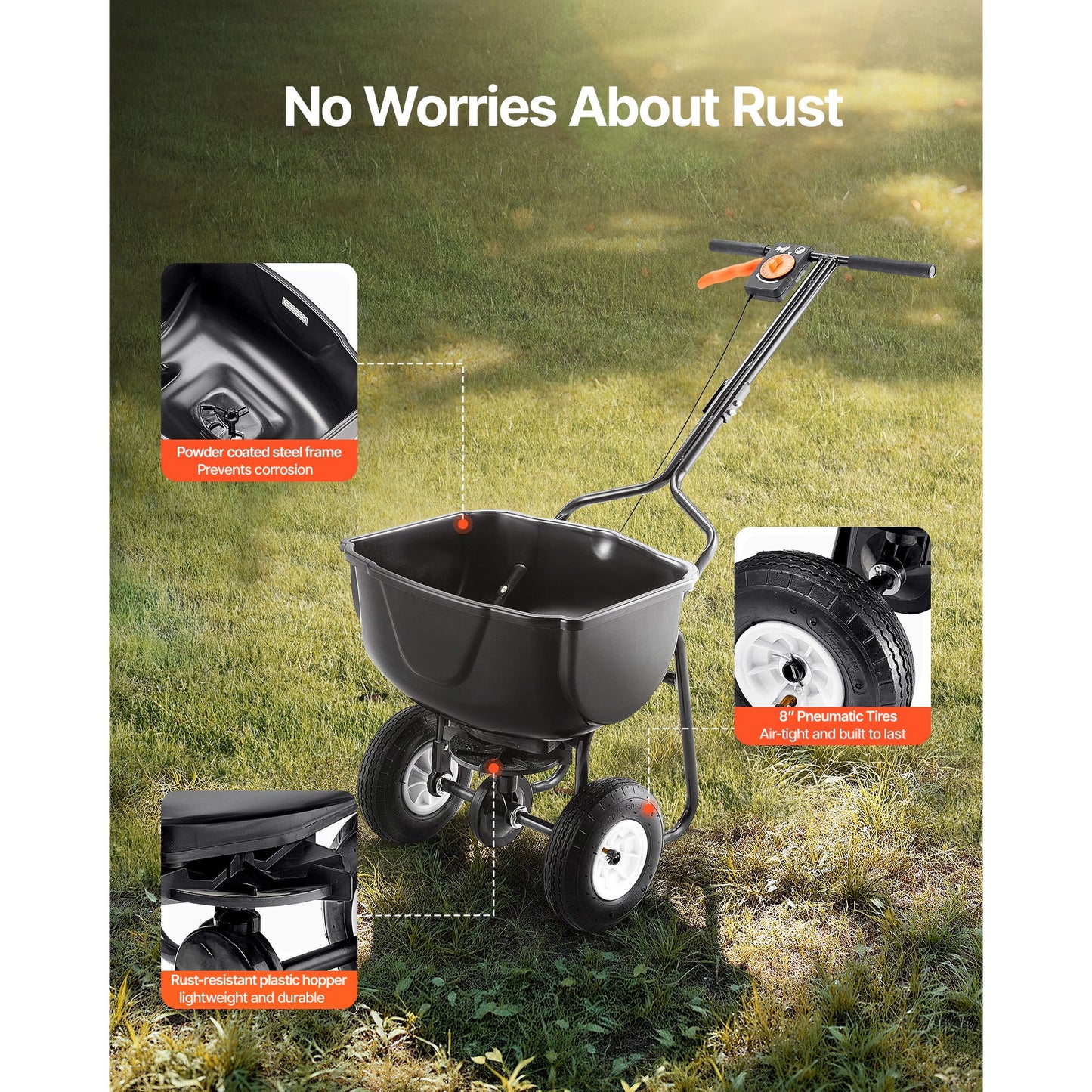 Walk Behind Spreader, 60LBS Capacity, Push Spreader with Hopper Grate, 0-9.8 ft Spreading Width, 8 in All Terrain Pneumatic Tires, Garden & Lawn Broadcast Spreaders, for Seed, Fertilizer