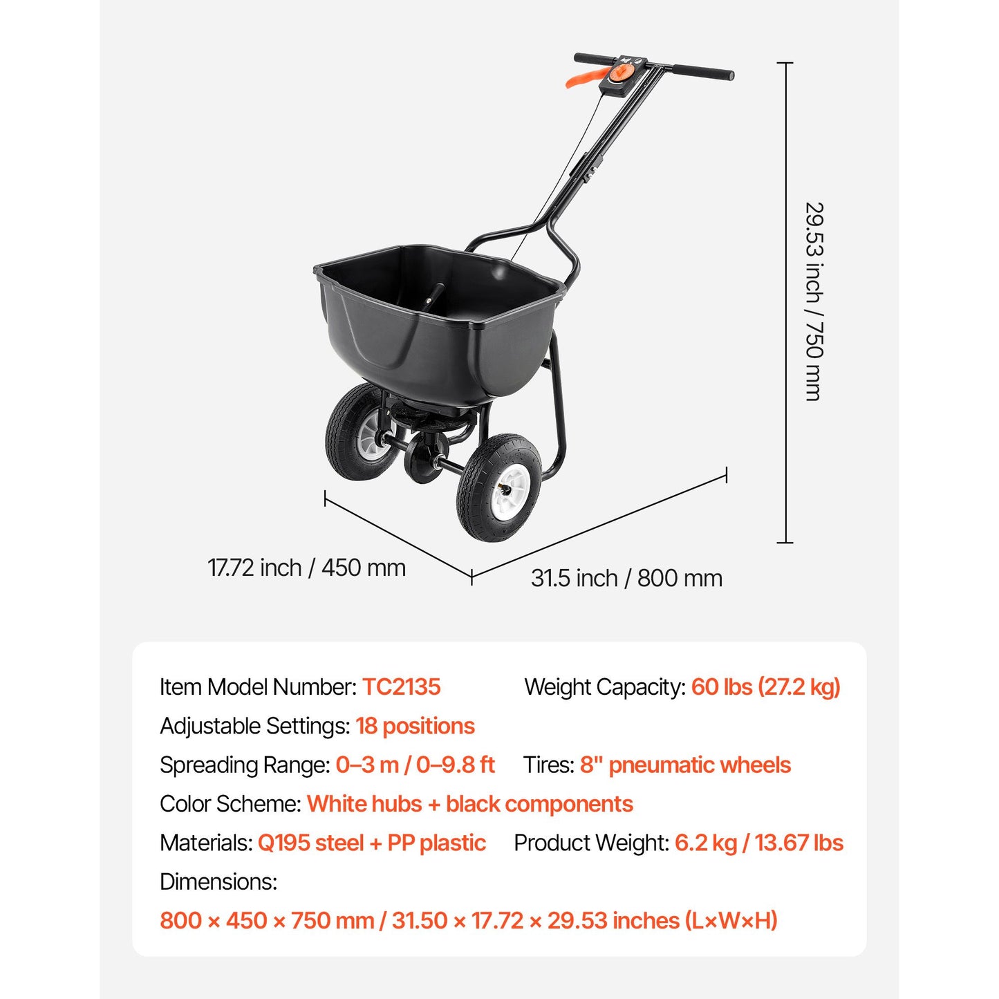 Walk Behind Spreader, 60LBS Capacity, Push Spreader with Hopper Grate, 0-9.8 ft Spreading Width, 8 in All Terrain Pneumatic Tires, Garden & Lawn Broadcast Spreaders, for Seed, Fertilizer