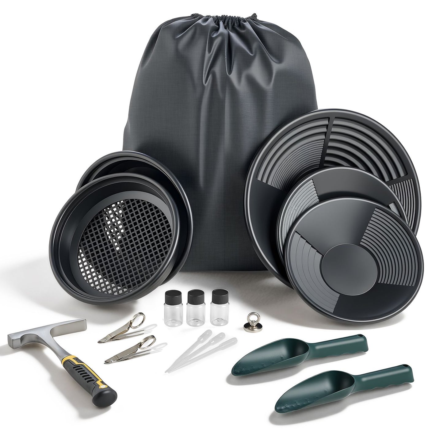 Gold Panning Kit, 254 mm and 355 mm Pans, 19 PCS Portable Prospecting Equipment Kit with Classifier Sieves, Sand Magnet, Rock Pick, Scoops, Backpack, and Accessories, for Outdoor Gold Recovery