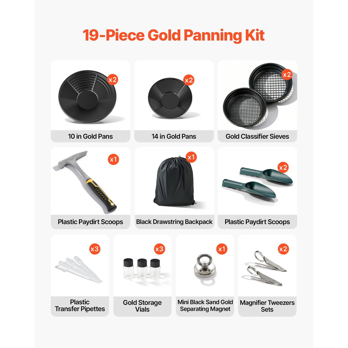 Gold Panning Kit, 254 mm and 355 mm Pans, 19 PCS Portable Prospecting Equipment Kit with Classifier Sieves, Sand Magnet, Rock Pick, Scoops, Backpack, and Accessories, for Outdoor Gold Recovery