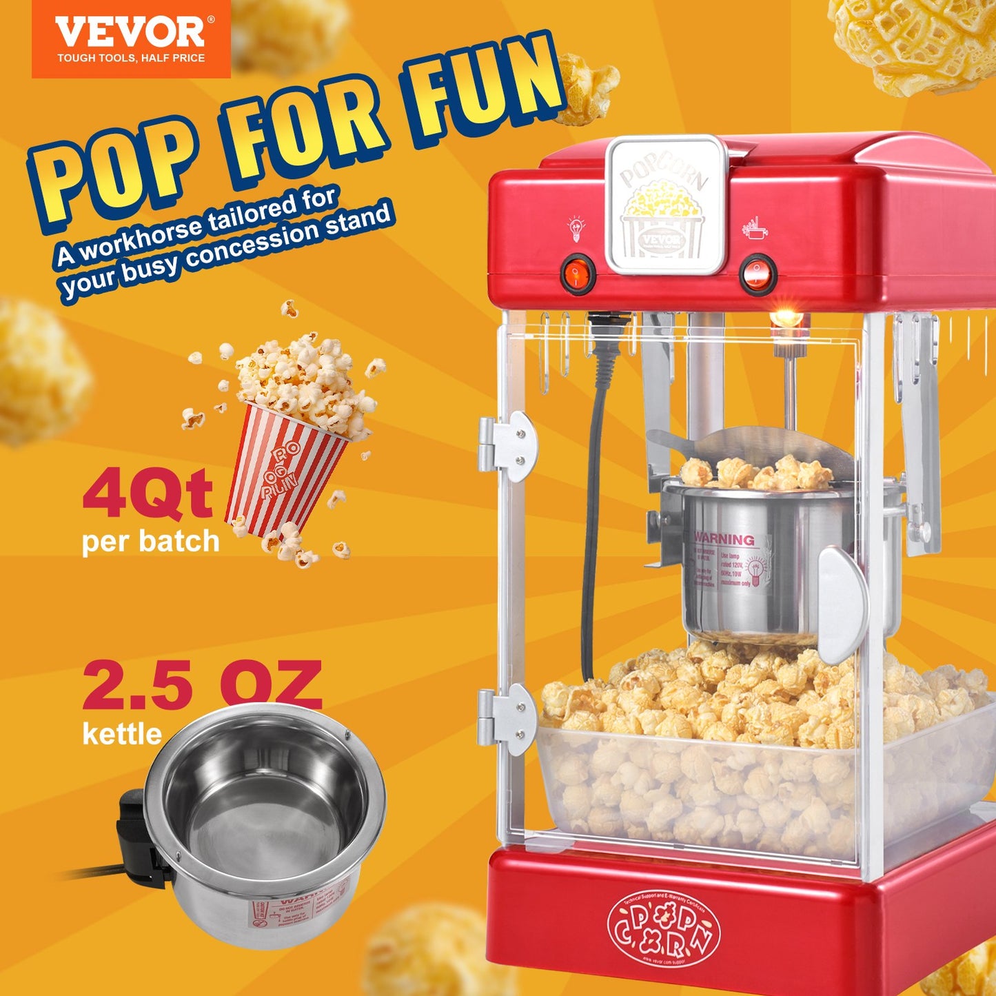 VEVOR Popcorn Popper Machine Tabletop Popcorn Maker 300W 2.5 Oz Red