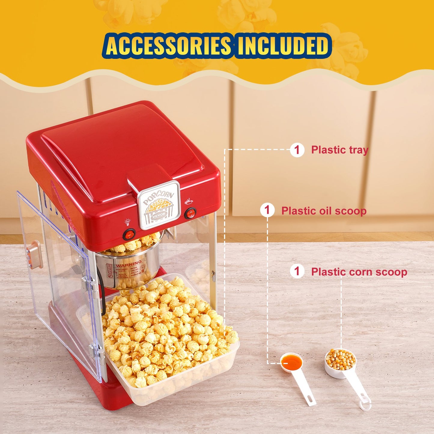 VEVOR Popcorn Popper Machine Tabletop Popcorn Maker 300W 2.5 Oz Red