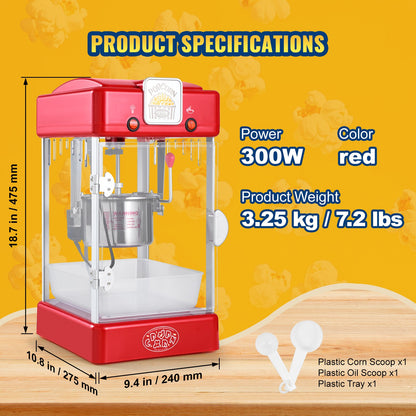 VEVOR Popcorn Popper Machine Tabletop Popcorn Maker 300W 2.5 Oz Red