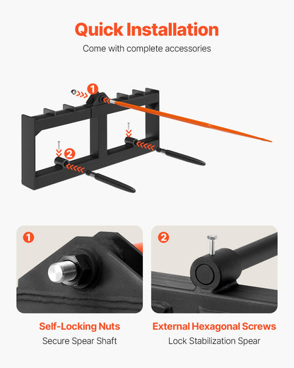 VEVOR 49" Hay Spear, Bale Spears 726kg Loading Capacity, Skid Steer Loader Tractor Attachment with 2pcs 17.5" Stabilizer Spears, Quick Attach Spike Forks