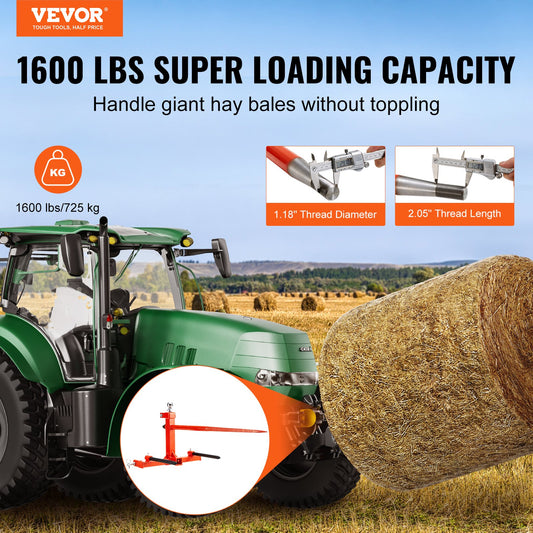 VEVOR 49" Hay Spear, Bale Spears 726kg Loading Capacity, Three-Point Hitch Tractor Attachment with 2pcs 17.5" Stabilizer Spears, Quick Attach Spike Forks