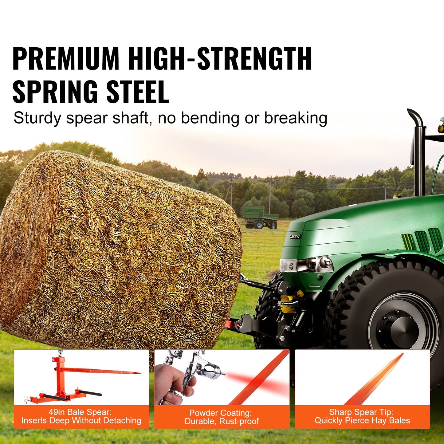 VEVOR 49" Hay Spear, Bale Spears 726kg Loading Capacity, Three-Point Hitch Tractor Attachment with 2pcs 17.5" Stabilizer Spears, Quick Attach Spike Forks