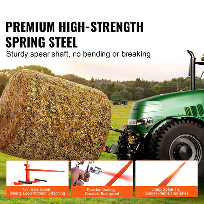 VEVOR 49" Hay Spear, Bale Spears 726kg Loading Capacity, Three-Point Hitch Tractor Attachment with 2pcs 17.5" Stabilizer Spears, Quick Attach Spike Forks