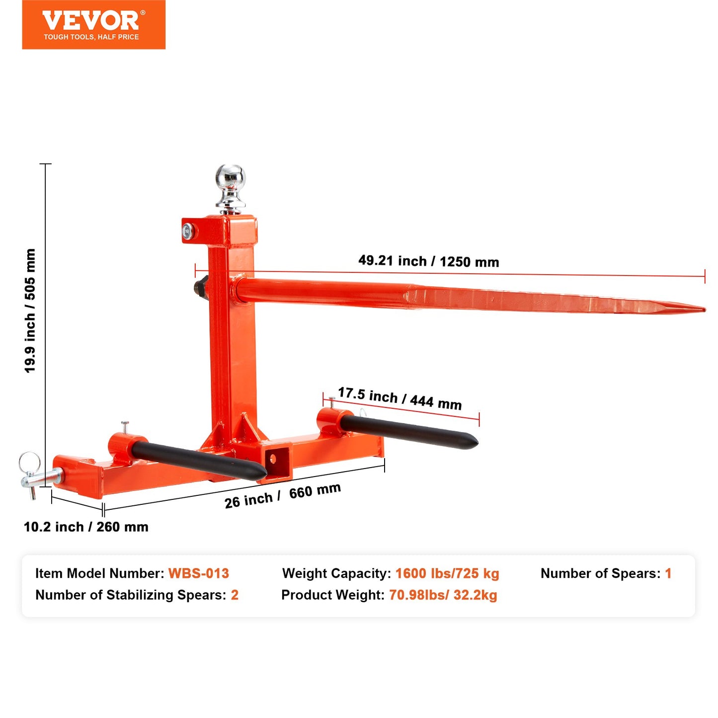 VEVOR 49" Hay Spear, Bale Spears 726kg Loading Capacity, Three-Point Hitch Tractor Attachment with 2pcs 17.5" Stabilizer Spears, Quick Attach Spike Forks