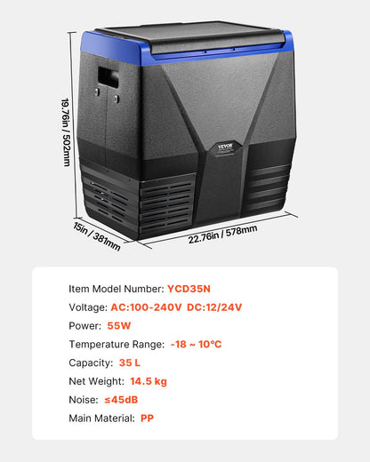 VEVOR Portable Car Refrigerator Freezer Compressor 35L Single Zone for Car Home