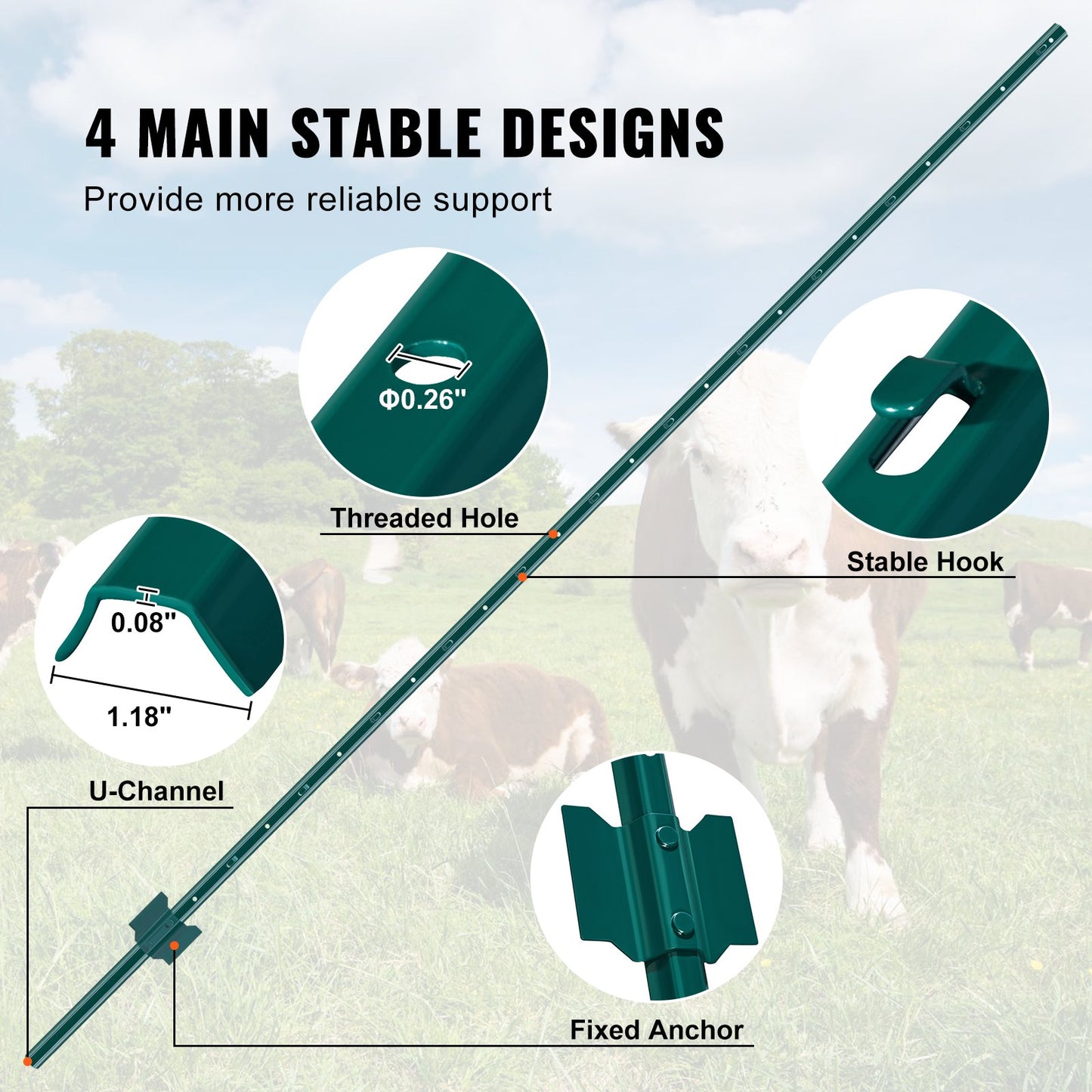 VEVOR 7 Feet Fence Post, 10 Pack U-Channel Heavy Duty Metal Fence Posts, Sturdy Steel Fence Stakes for Garden Yard, Lawn, Farms and Outdoor Wire Fencing, Green