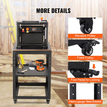 VEVOR Planer Stand, 100 lbs / 45 kg heavy loads, Three-Gear Height Adjustable Thickness Planer Table,with 4 Stable Casters & Storage Space, for most planers, saws, bench-top machines, power tools