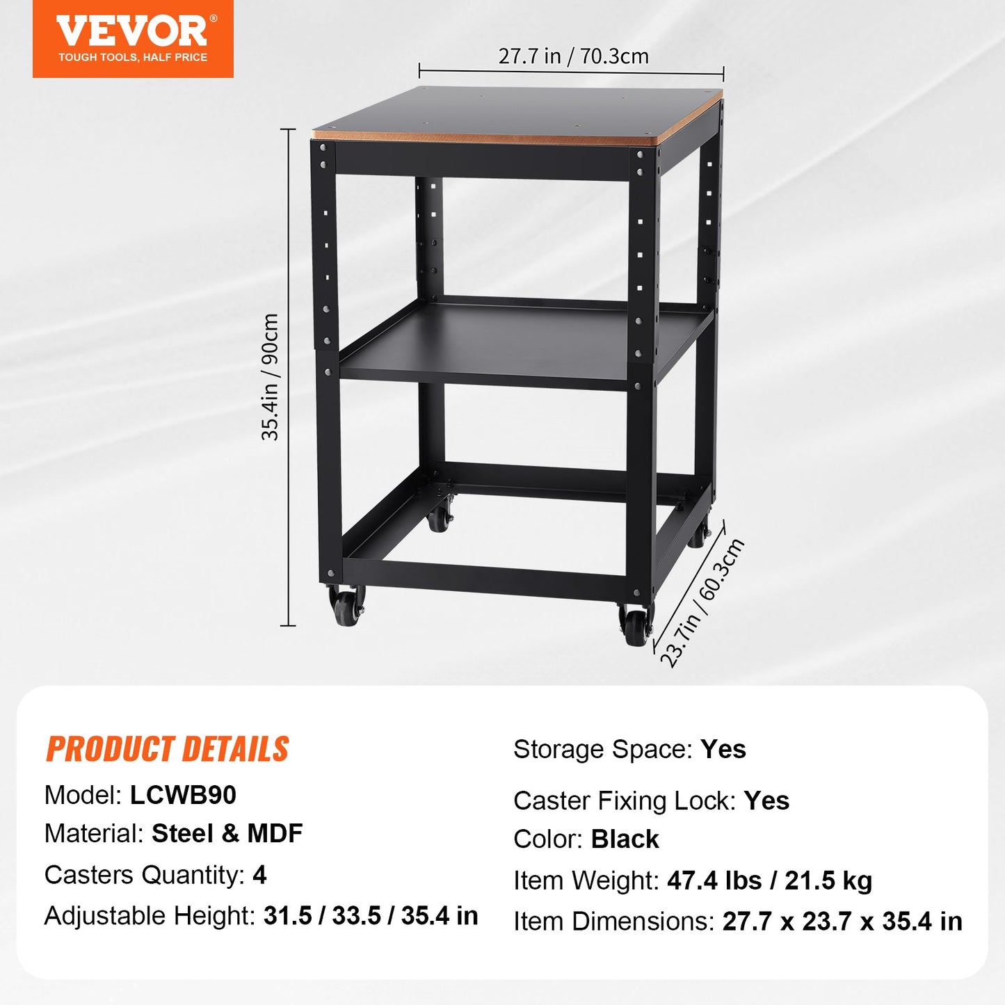 VEVOR Planer Stand, 100 lbs / 45 kg heavy loads, Three-Gear Height Adjustable Thickness Planer Table,with 4 Stable Casters & Storage Space, for most planers, saws, bench-top machines, power tools