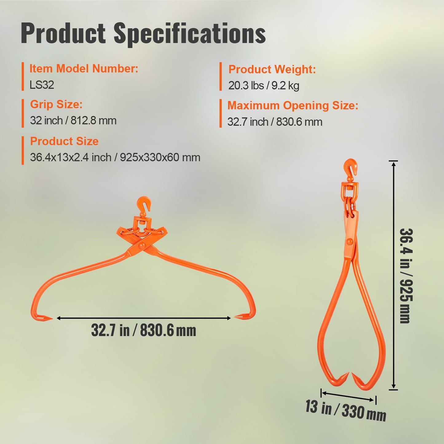 VEVOR Log Skidding Tongs, 81.3cm 2 Claw Log Lifting Tongs, Heavy Duty Rotating Steel Lumber Skidding Tongs, 700 kg Loading Capacity, Log Lifting, Handling, Dragging & Carrying Tool