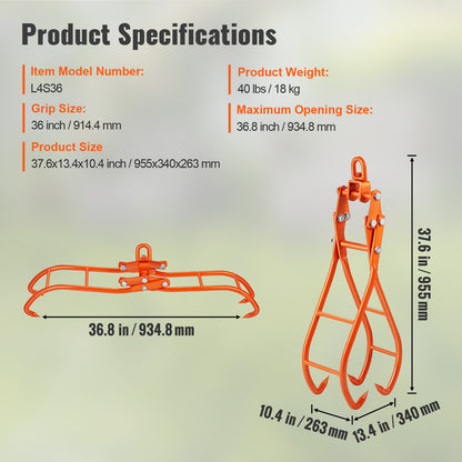 VEVOR Timber Claw Hook, 36 inch 4 Claw Log Grapple for Logging Tongs, Swivel Steel Log Lifting Tongs, Eagle Claws Design with 3307 lbs/1500 kg Loading Capacity for Tractors, ATVs, Trucks, Forklifts