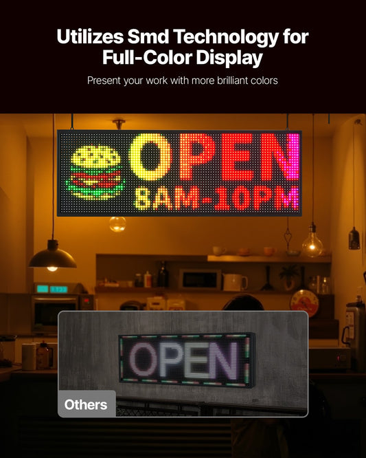 VEVOR Programmable LED Sign, P10 Full Color Flexible Digital Scrolling Panel, DIY Custom Text Pattern GIF Display Board, Bluetooth APP Control Message Shop Sign for Store Business Advertising, 40x14 in