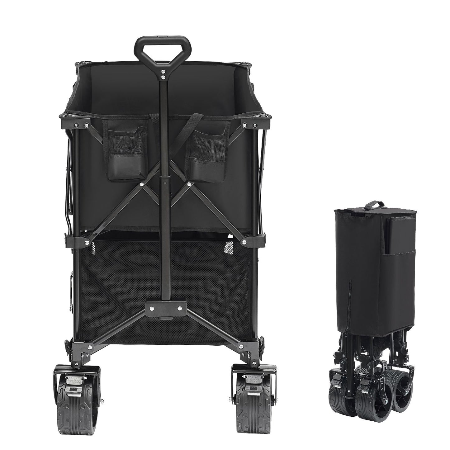 Foldable Double Decker Wagon, 400L Collapsible Wagon Cart with All-Terrain Wheels, Heavy Duty Folding Wagon Cart 350-450 lb Weight Capacity for Camping, Shopping, Garden, 52" Extra Long Extender