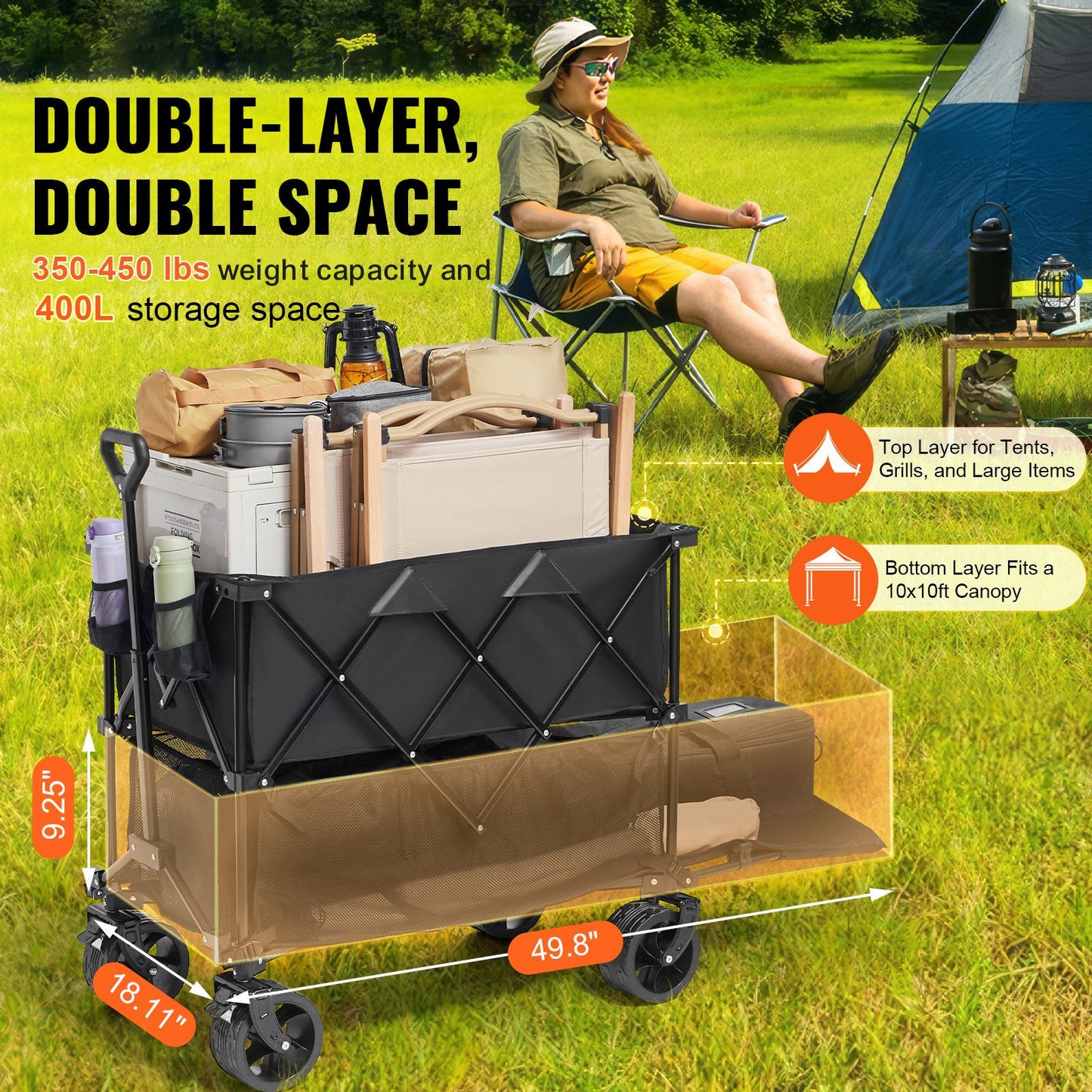 Foldable Double Decker Wagon, 400L Collapsible Wagon Cart with All-Terrain Wheels, Heavy Duty Folding Wagon Cart 350-450 lb Weight Capacity for Camping, Shopping, Garden, 52" Extra Long Extender