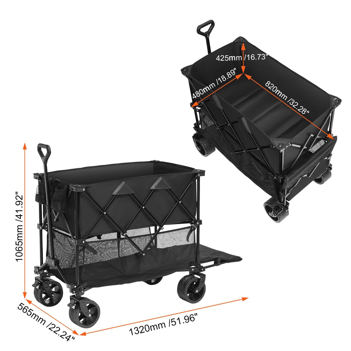 Foldable Double Decker Wagon, 400L Collapsible Wagon Cart with All-Terrain Wheels, Heavy Duty Folding Wagon Cart 350-450 lb Weight Capacity for Camping, Shopping, Garden, 52" Extra Long Extender