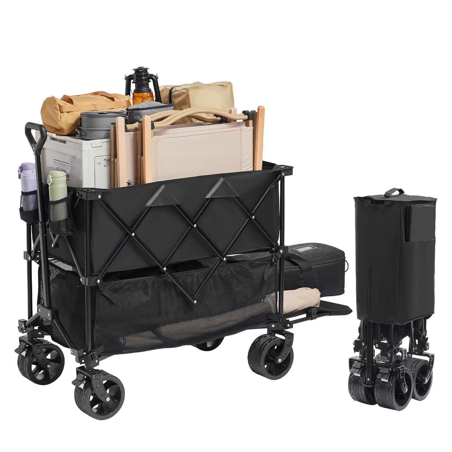 Foldable Double Decker Wagon, 400L Collapsible Wagon Cart with All-Terrain Wheels, Heavy Duty Folding Wagon Cart 350-450 lb Weight Capacity for Camping, Shopping, Garden, 52" Extra Long Extender