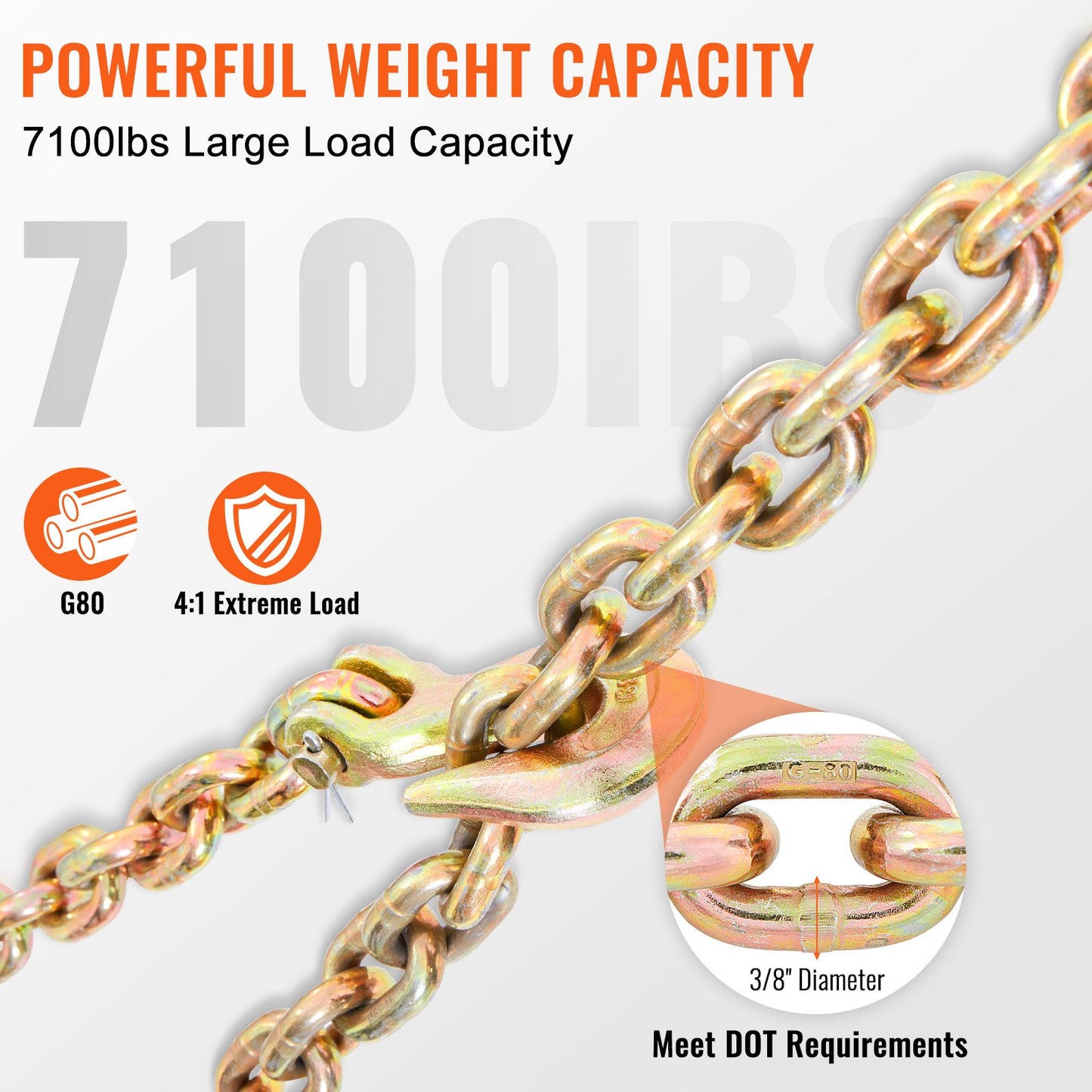 VEVOR Transport Binder Chain, 220 kg Working Load Limit, 3/8'' x 20' G80 Tow Chain Tie Down with Grab Hooks, DOT Certified, Galvanized Coating Manganese Steel for Dock Factory Construction Site