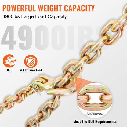 VEVOR Transport Binder Chain, 2222 kg Working Load Limit, 5/16''x20' G80 Tow Chain Tie Down with Grab Hooks, DOT Certified, Galvanized Coating Manganese Steel for Dock Factory Construction Site, 2Pack