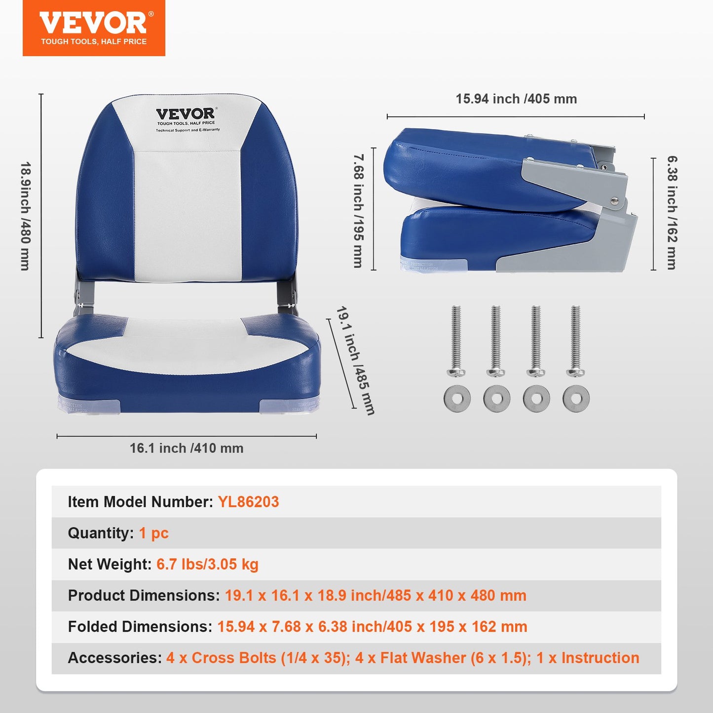 VEVOR Boat Seat Low Back Fold-Down Fishing Boat Chair with Sponge Padding 2 Pack