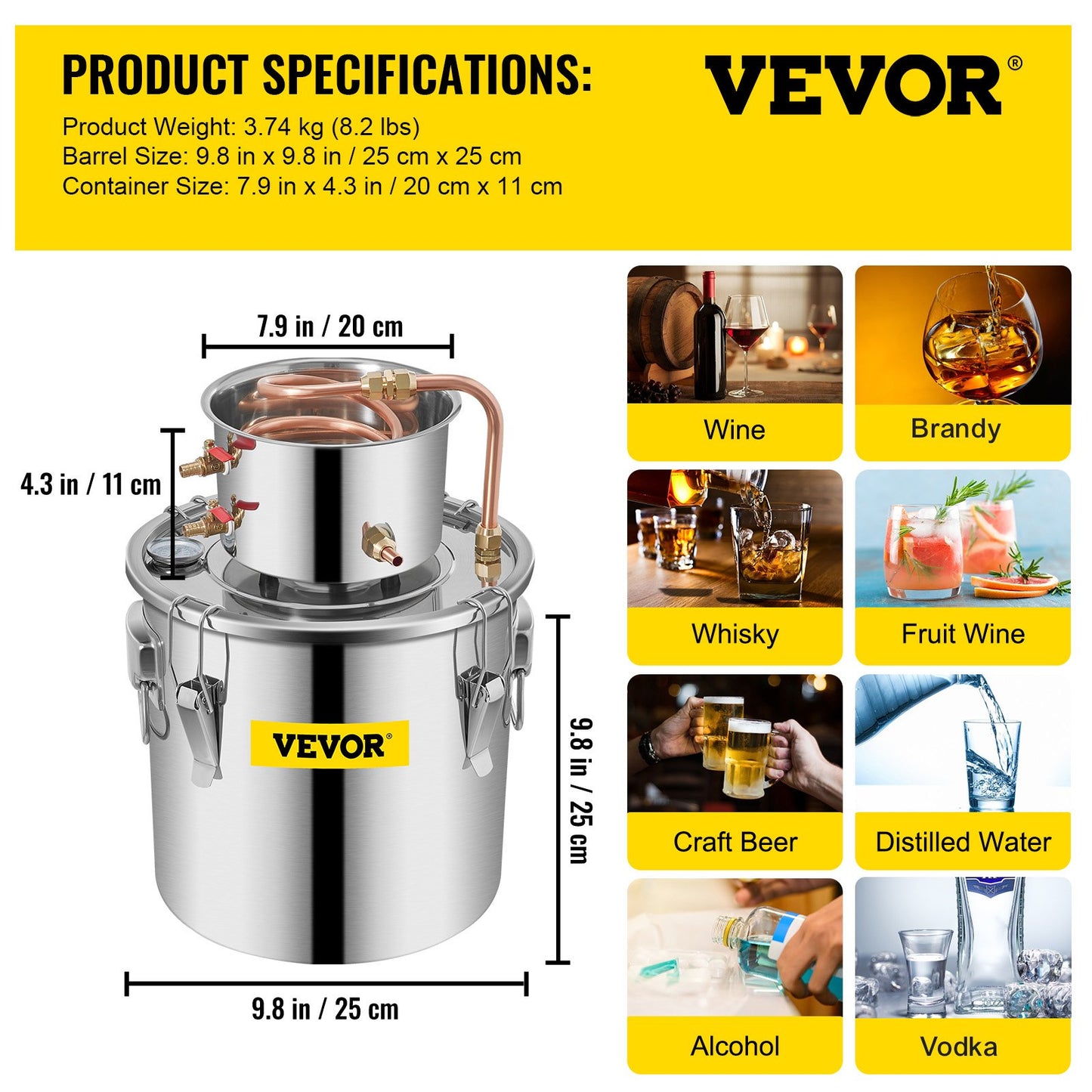 Moonshine Still 3 Gal 12L Stainless Steel Water Alcohol Distiller Copper Tube Home Brewing Kit Build-in Thermometer for DIY Whisky Wine Brandy, 3Gal, Sliver