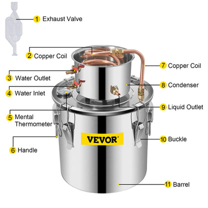 VEVOR Moonshine Still 5 Gal 21L Stainless Steel Water Alcohol Distiller Copper Tube Home Brewing Kit Build-in Thermometer for DIY Whisky Wine Brandy, 5Gal, Silver