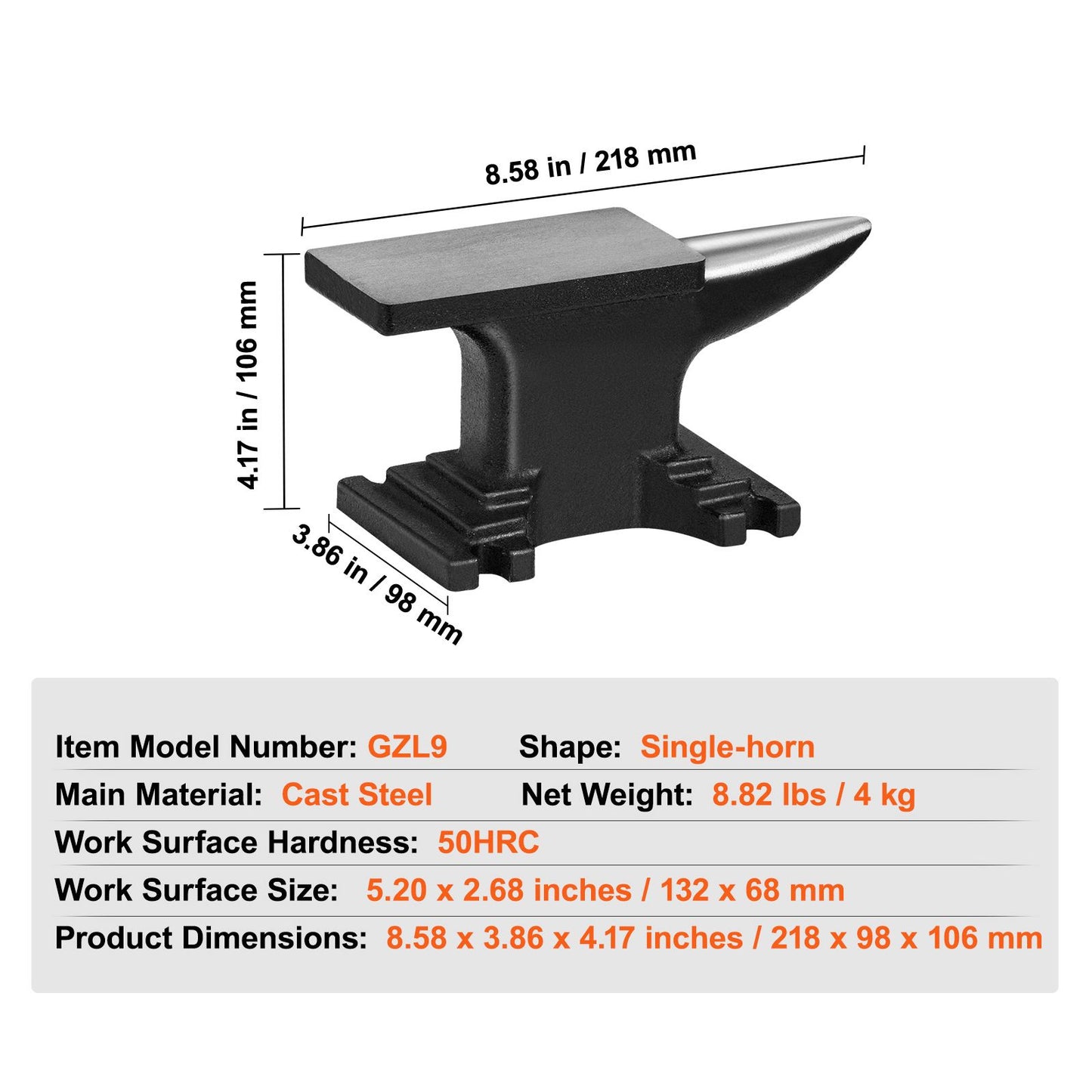 Single Horn Anvil, 8.8Lbs Cast Steel Anvil, High Hardness Rugged Round Horn Anvil Blacksmith, Compact Design and Stable Base, Forge Tools and Equipment, Metalsmith Tool for Bending and Shaping