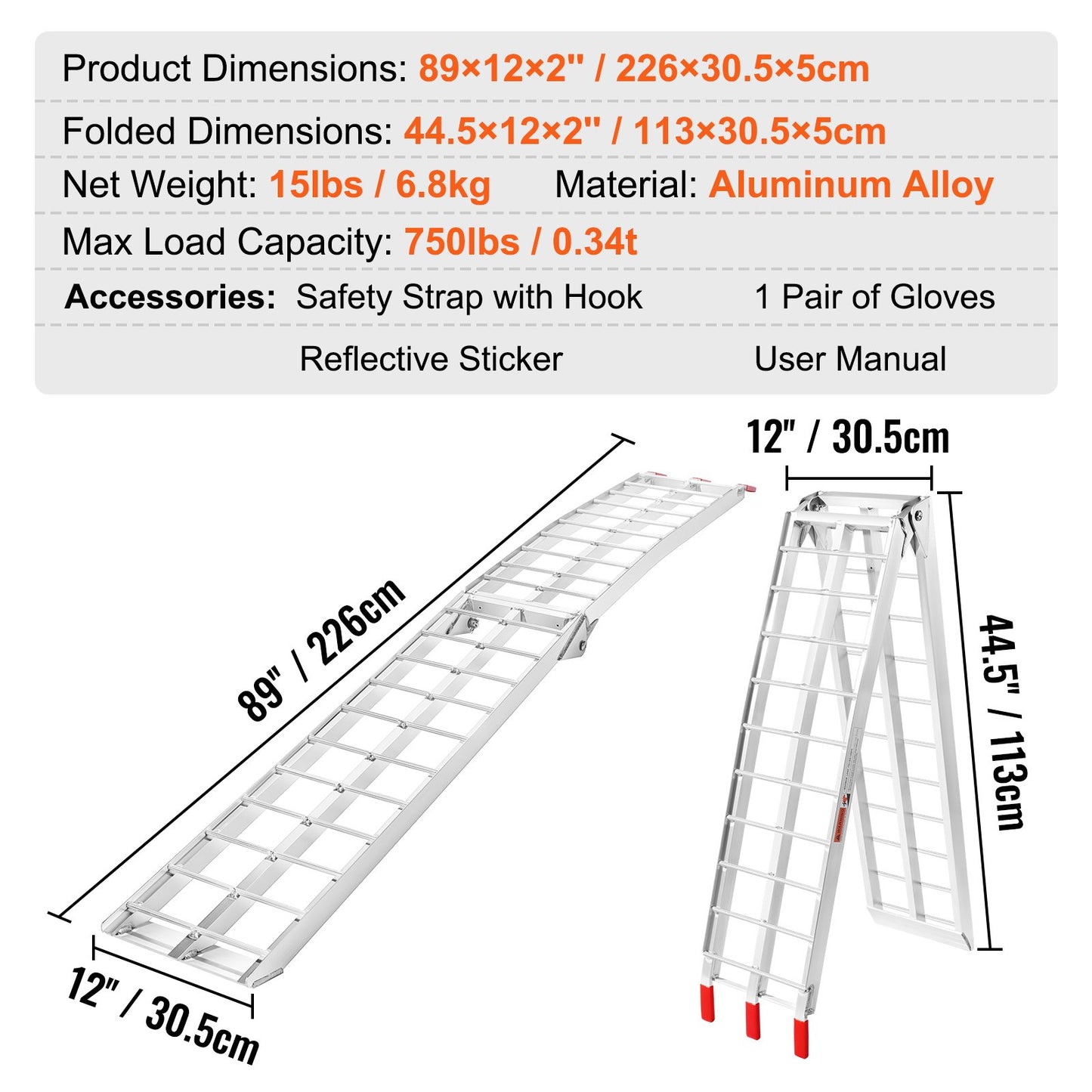 VEVOR Aluminum Ramp 750 LBS Foldable Loading Ramps for Pickup Trucks Bed 1 Piece