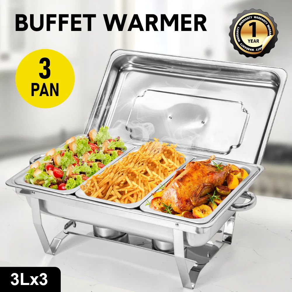 Alston 3LX3 Chafing Dish Set, Premium 410 Stainless Steel Buffet Warmer, Bain Marie Food Server with Fuel Holders & Lid, Stackable Catering Equipment for Hotels, Parties, Weddings & Banquets, Silver