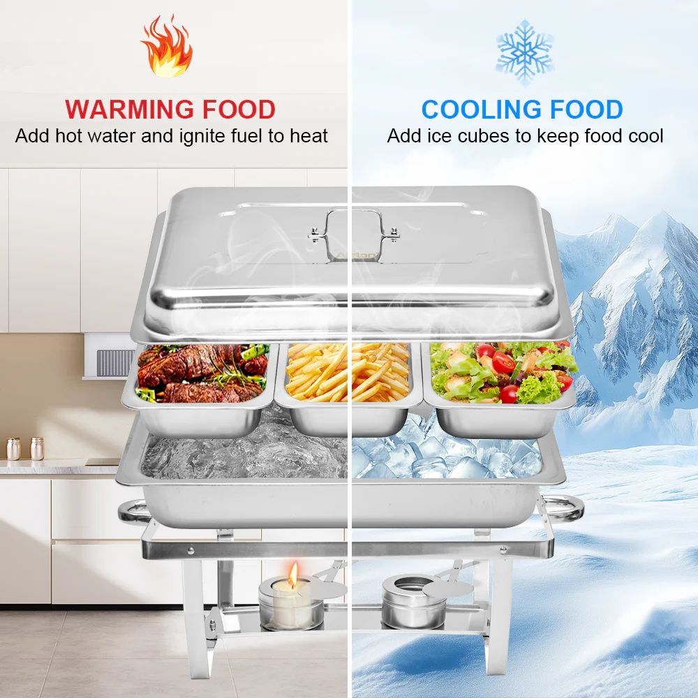 Alston 3LX3 Chafing Dish Set, Premium 410 Stainless Steel Buffet Warmer, Bain Marie Food Server with Fuel Holders & Lid, Stackable Catering Equipment for Hotels, Parties, Weddings & Banquets, Silver