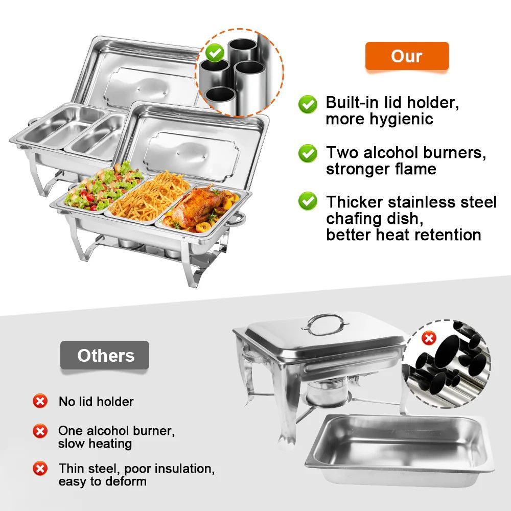 Alston 3LX3 Chafing Dish Set, Premium 410 Stainless Steel Buffet Warmer, Bain Marie Food Server with Fuel Holders & Lid, Stackable Catering Equipment for Hotels, Parties, Weddings & Banquets, Silver