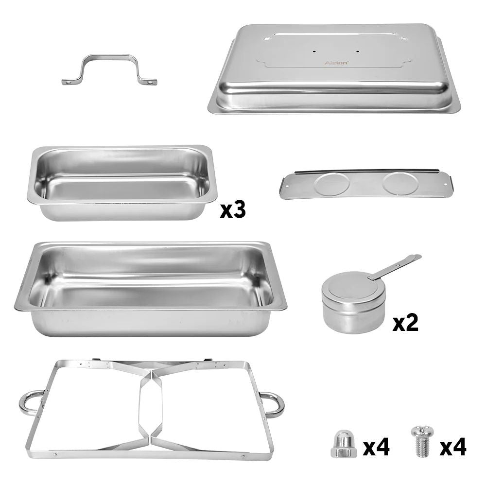 Alston 3LX3 Chafing Dish Set, Premium 410 Stainless Steel Buffet Warmer, Bain Marie Food Server with Fuel Holders & Lid, Stackable Catering Equipment for Hotels, Parties, Weddings & Banquets, Silver