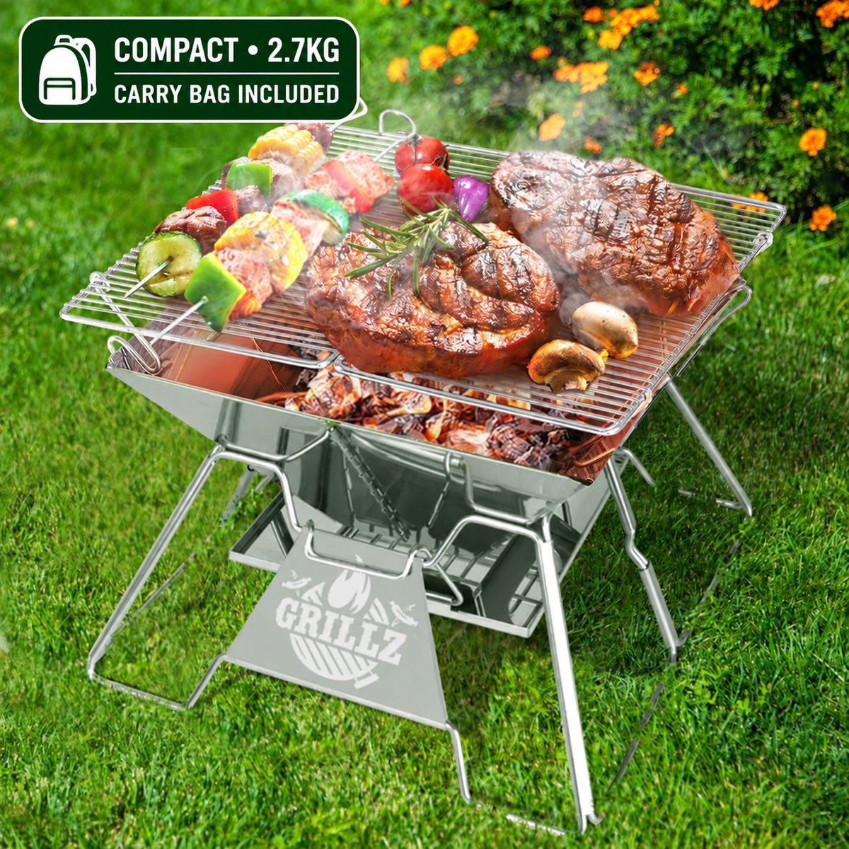 Compact Grillz Fire Pit BBQ, 2.7kg, with carry bag included