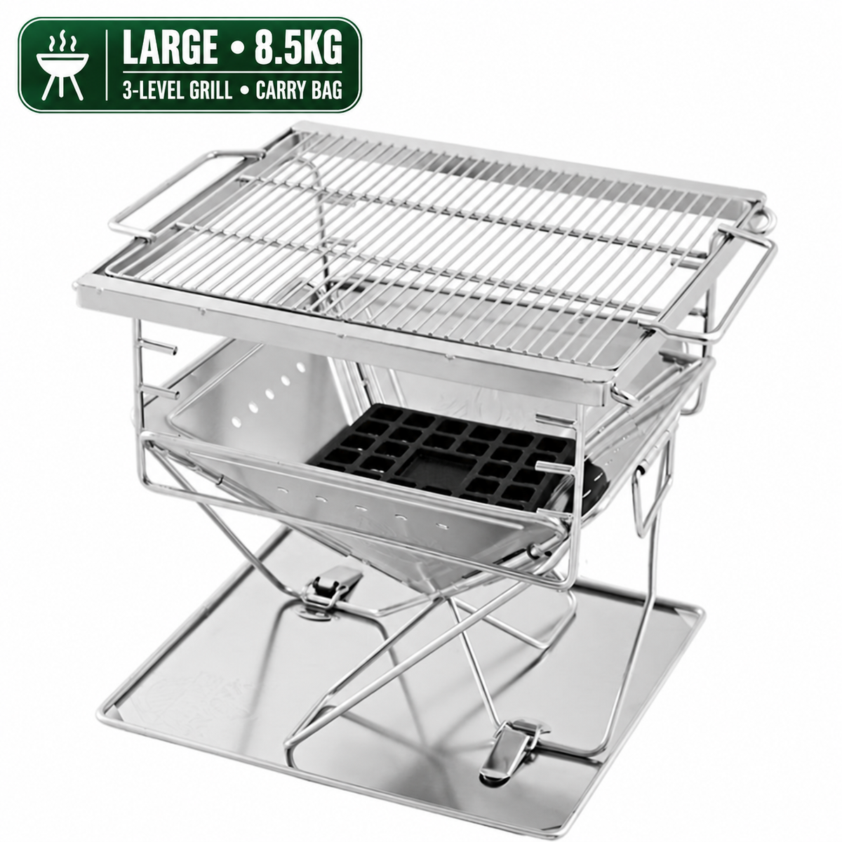 Large Grillz Fire Pit BBQ, 8.5kg, with 3-level grill and carry bag