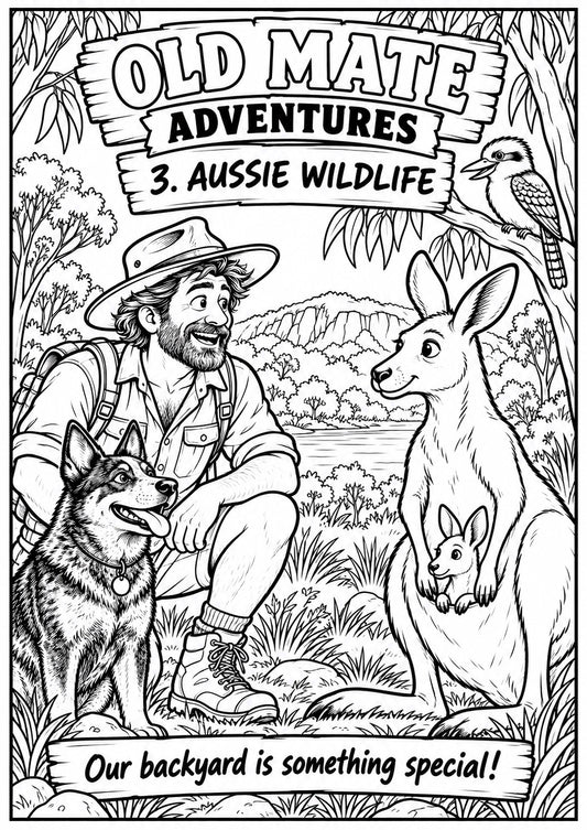 Old Mate Adventures Aussie Wildlife colour-your-own T-shirt artwork